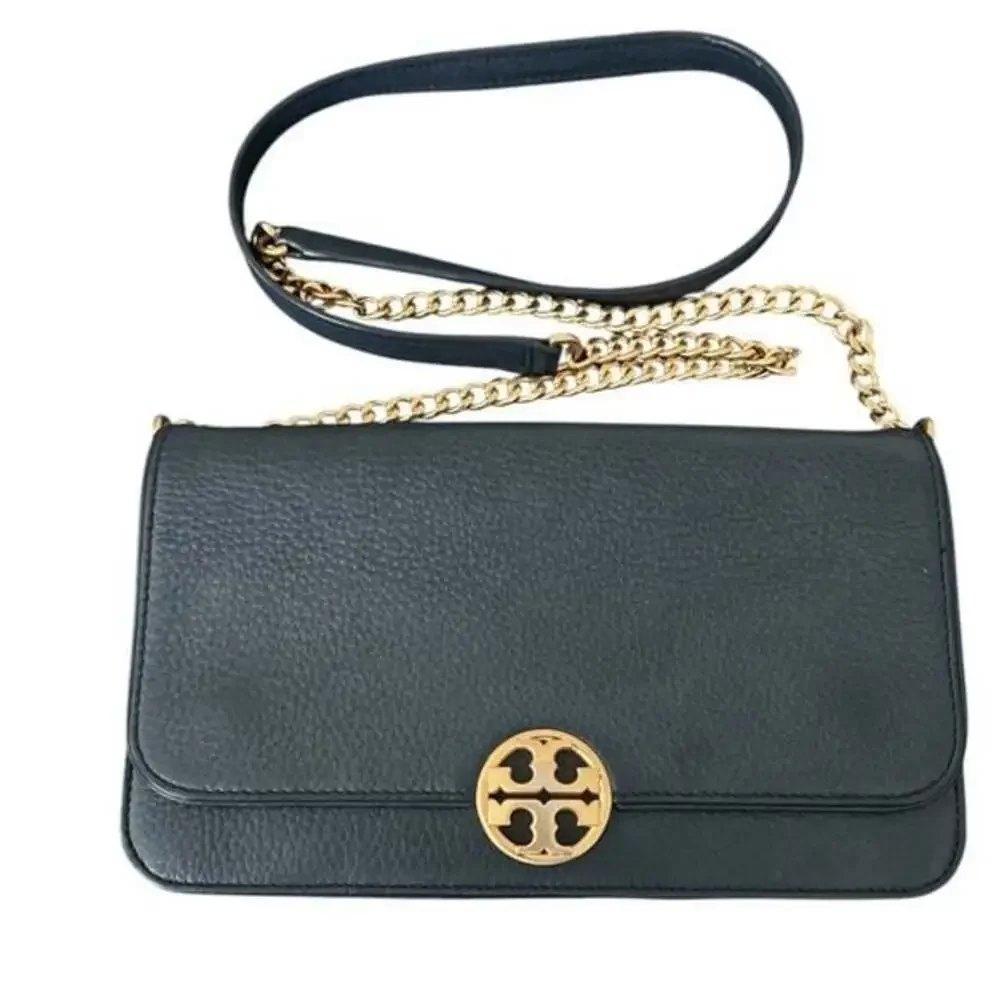 Tory Burch Crossbody Leather Bag Chelsea Navy Chain Strap